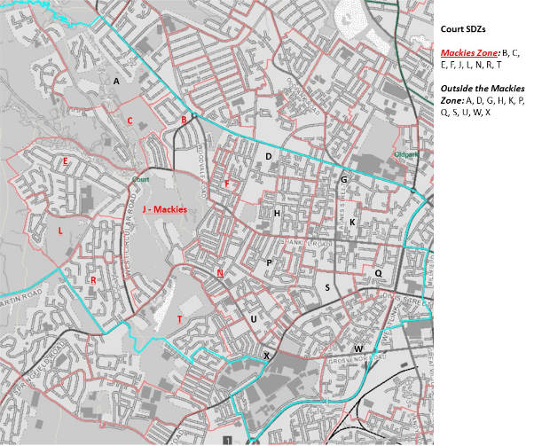 Figure 15: Figure 15: The small data zones that cover the Mackies site, and its immediate surroundings, in red, other small data zones with Court District Electoral Area are in black.