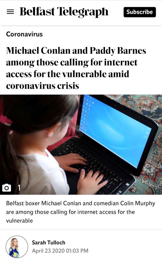 Story in the Belfast Telegraph about PPR's Internet for All campaign