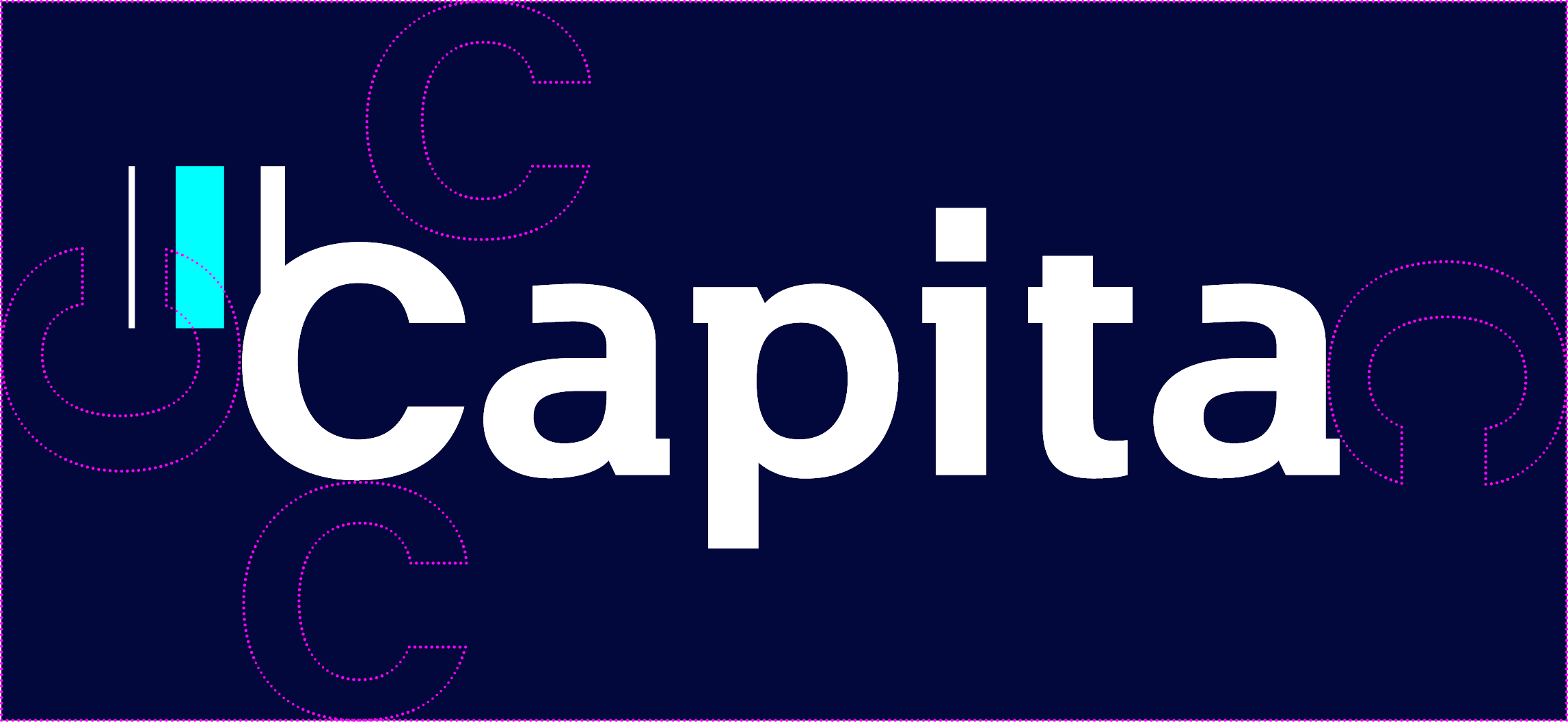 Capita logo - "Capita" written in white on a dark blue background with thin dark grey, thick light blue and thin light grey vertical stripes to the top left of the capital "C" 
